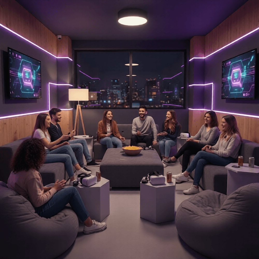 Players relaxing together in the neon-lit NexVerse Arcade social lounge